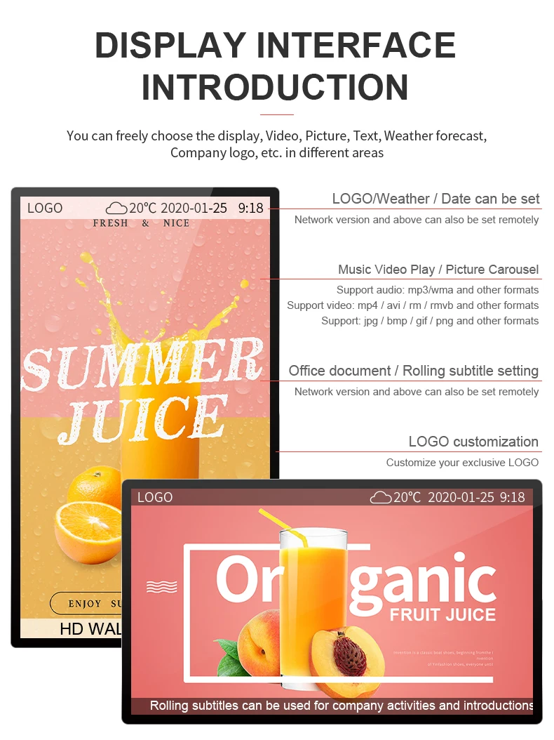 Hot sale 55 Inch Android RAM 1GB ROM16GB LCD Wall Mounted Digital Signage 2K/4K Display For Indoor Advertising support 24H playback