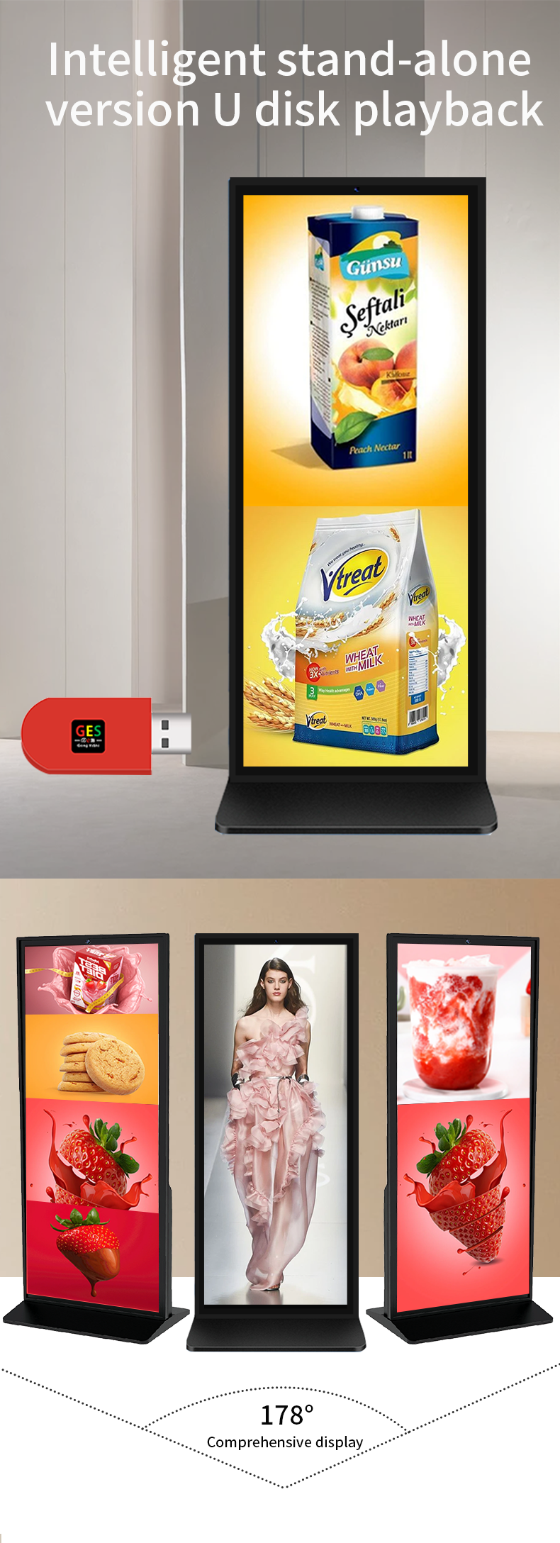 55 inch 1080p Window system Floor Standing LCD Advertising Display 24 H loop playback for display